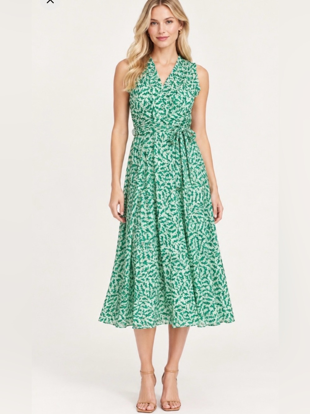 Badgley Mischka Green Gecko Printed Ruffled Sleeveless Vacation Midi Dress H13